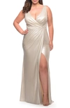 La Femme Metallic Jersey Plus Gown With Slit And V Neckline In White
