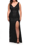 La Femme Long Sequin Plus Size Dress With Banded Waist In Black