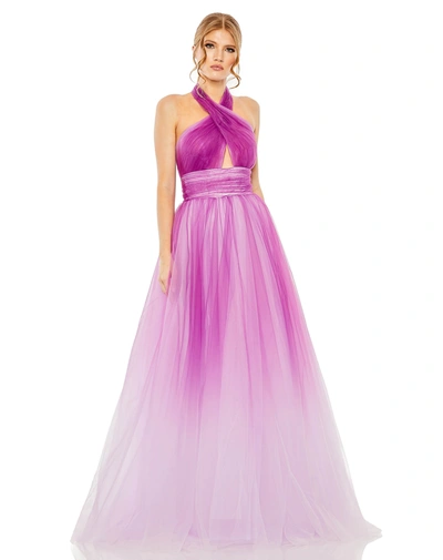Mac Duggal Halter Cross Neckline Tulle Dress In Purple Ombre