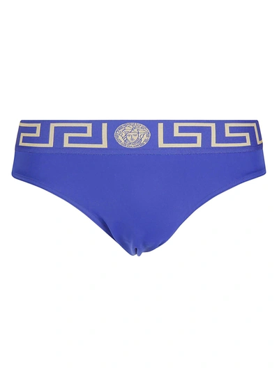 Versace Greek Key Bikini-cut Panty In Blue/gold