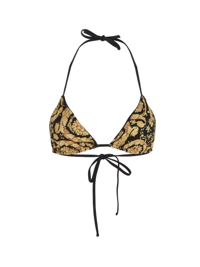 Versace Black Barocco Bikini Top In Gold Print