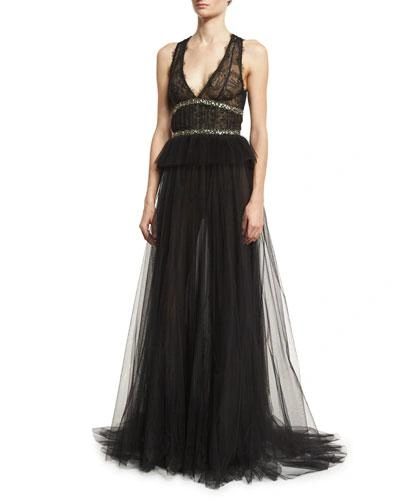 Monique Lhuillier Sleeveless V-neck Tulle Peplum Gown, Noir