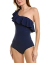 Shoshanna Solid One Shoulder Ruffle One Piece In Navy Gingham In Blue