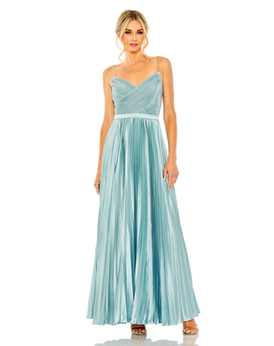 Mac Duggal Slim Strap Ruched Top Pleated Dress In French Blue