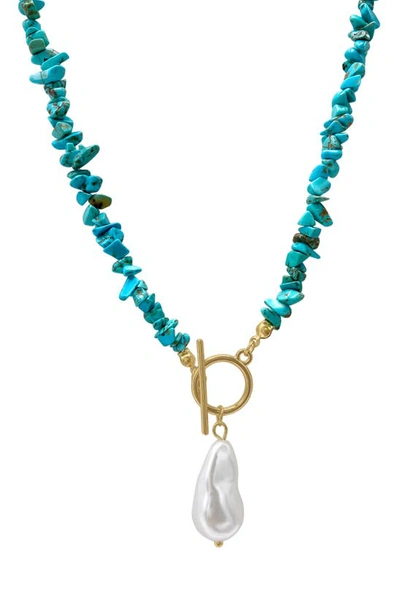 Adornia 17" Multi Shape Faux Turquoise Stone Toggle 14k Gold Plated Necklace With Imitation Pearl Pendant