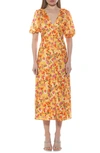 Alexia Admor Lorelei V-neck Bubble Sleeve Midi Dress In Yellow Watercolor