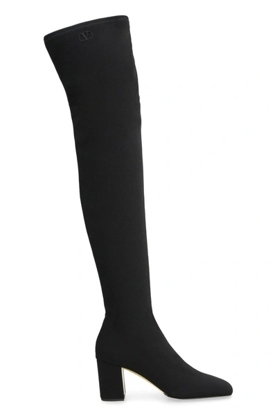 Valentino Garavani Logo-embroidered Over-the-knee Boots In Black