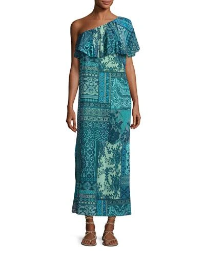 Fuzzi Lace-print Mosaic One-shoulder Maxi Dress
