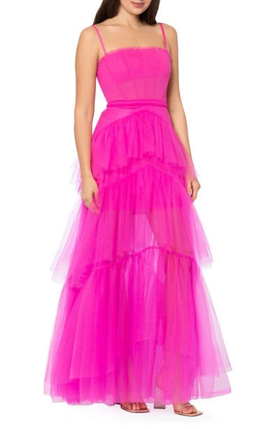 BETSY & ADAM BETSY & ADAM TIERED TULLE RUFFLE GOWN