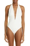 Tom Ford Plunge Halter Neck Glossy Jersey One-piece Swimsuit In Weiss