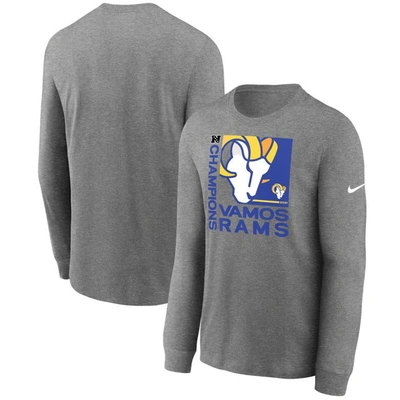 Nike Men's  Heathered Charcoal Los Angeles Rams 2021 Nfc Champions Team Slogan Long Sleeve T-shirt