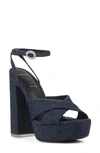 Black Suede Studio Hannah Ankle Strap Platform Sandal In Dark Denim