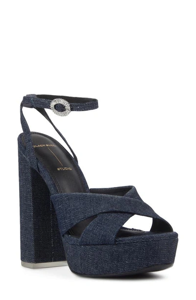 Black Suede Studio Hannah Ankle Strap Platform Sandal In Dark Denim