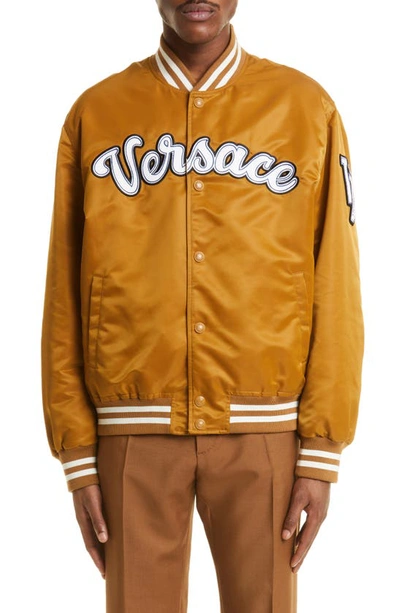 Versace Varsity Script Satin Baseball Jacket In Toffee