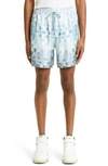 Amiri Pattern-logo-printed Silk Shorts In Mineral Green