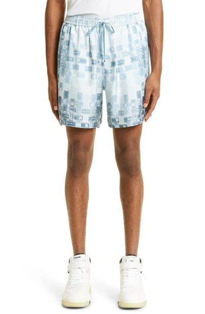 Amiri Pattern-logo-printed Silk Shorts In Blue