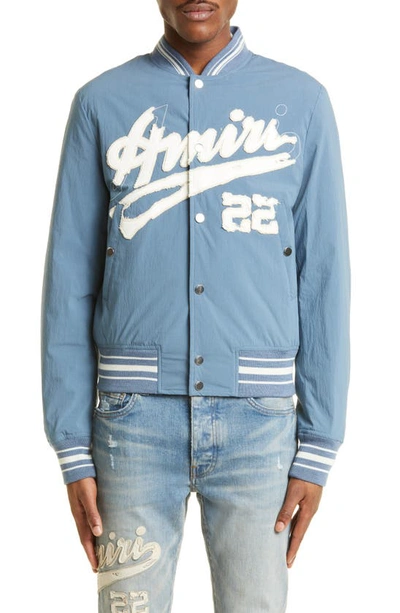 AMIRI Appliquéd Embroidered wool-blend and Leather Varsity Jacket - Men - Blue Coats and Jackets - M