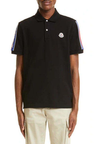 Moncler Retro Stripe Snap Placket Cotton Polo In Black