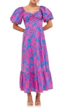 FREE THE ROSES FLORAL PUFF SLEEVE TIE BACK MAXI DRESS