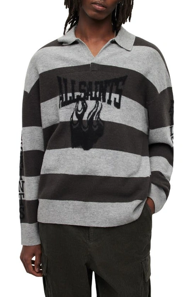 Allsaints Racer Stripe Logo Intarsia Wool Blend Polo Sweater In Grey