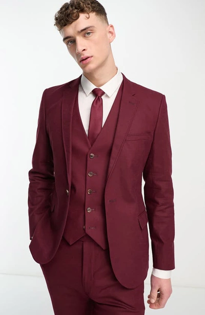 Asos Design Wedding Super Skinny Wool Mix Suit Jacket In Burgundy Herringbone-red