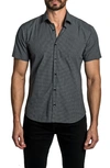 Jared Lang Trim Fit Grid Print Short Sleeve Cotton Button-up Shirt In Black