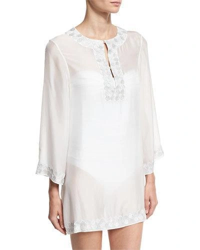 Marie France Van Damme Embroidered Bell-sleeve Silk Chiffon Tunic, White