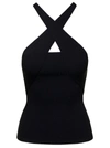MSGM BLACK RIBBED KNIT CROSSOVER-STRAP TOP IN VISCOSE BLEND WOMAN