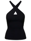 Msgm Black Ribbed Knit Crossover-strap Top In Viscose Blend Woman In Black