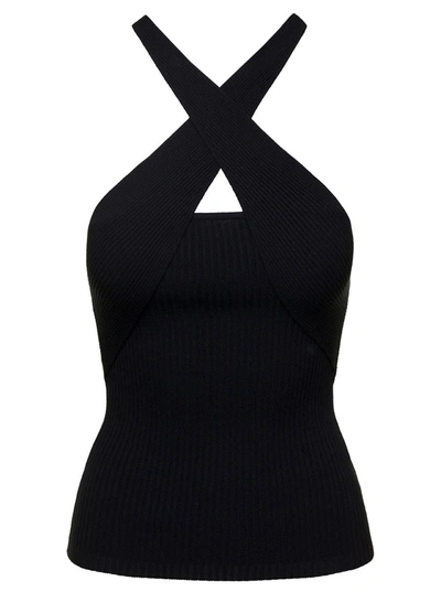 MSGM BLACK RIBBED KNIT CROSSOVER-STRAP TOP IN VISCOSE BLEND WOMAN