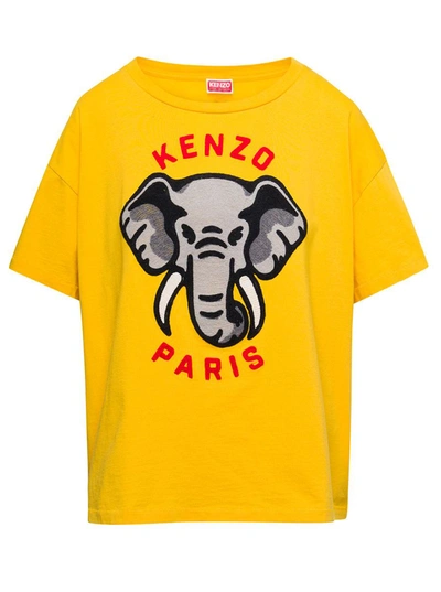 KENZO YELLOW OVERSIZE T-SHIRT WITH ELEPHANT AND LOGO ON THE CHEST IN COTTON WOMAN