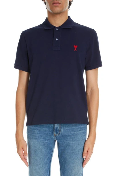 Ami Alexandre Mattiussi Logo-embroidered Cotton Polo Shirt In Night Blue