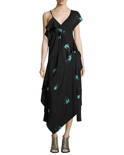 Diane Von Furstenberg Draped Printed Silk-blend Midi Dress In Black