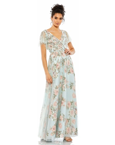 MAC DUGGAL BLUE FLORAL FLUTTER SLEEVE V-NECK MAXI DRESS