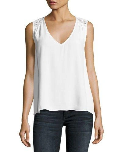 Joie Pearl Sleeveless Lace-trim Crepe Top, White