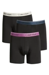 Calvin Klein Microfiber Stretch Wicking Boxer Briefs, Pack Of 3 In Black W/ Ameythyst/silver Birch/midnight Wbs