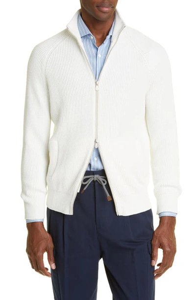 Brunello Cucinelli Zip Front Cotton Sweater In Cx816 Panama