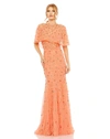 Mac Duggal Embellished Illusion Cape Sleeve Trumpet Gown In Coral