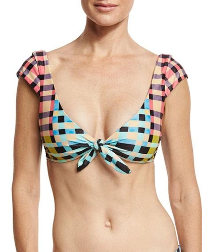 Mara Hoffman Tile-print Cap-sleeve Tie-front Swim Top, Multicolor In Multi Pattern