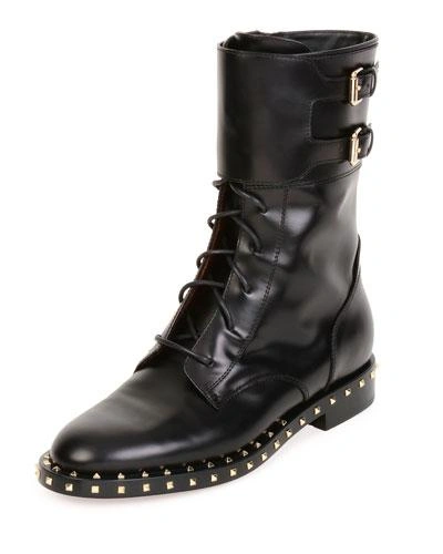 Valentino Garavani Soul Rockstud Leather Combat Boots In Black
