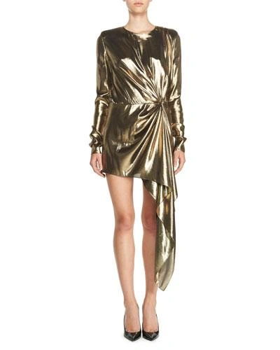 Saint Laurent Asymmetric Draped Silk-blend Lamé Mini Dress In Gold