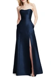 Alfred Sung Strapless Satin Gown Formal Dress In Midnight Navy In Midnight