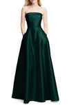 Alfred Sung Strapless Cuff Satin Gown In Evergreen