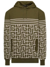 BALMAIN MILITARY GREEN HOODIE WITH MONOGRAM AND STRIPES IN WOOL AND LINEN MAN