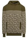 Balmain Military Green Hoodie With Monogram And Stripes In Wool And Linen Man In Green