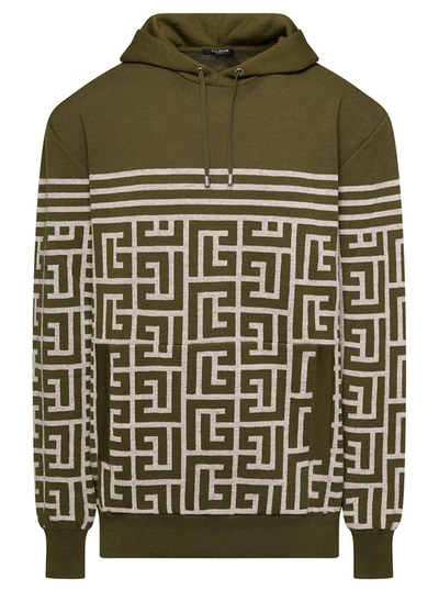 BALMAIN MILITARY GREEN HOODIE WITH MONOGRAM AND STRIPES IN WOOL AND LINEN MAN