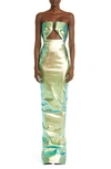 RICK OWENS PRONG IRIDESCENT KEYHOLE CUTOUT COATED DENIM STRAPLESS GOWN
