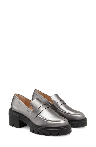 Stuart Weitzman Soho Metallic Leather Lug-sole Loafers In Gunmetal