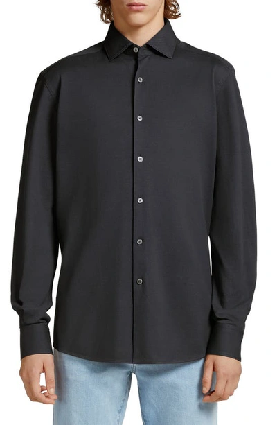 Zegna Stretch Cotton Jersey Button-up Shirt In Blue