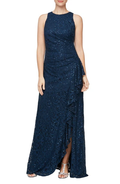 Alex Evenings Sequin Lace Cascading Ruffle Gown In Navy